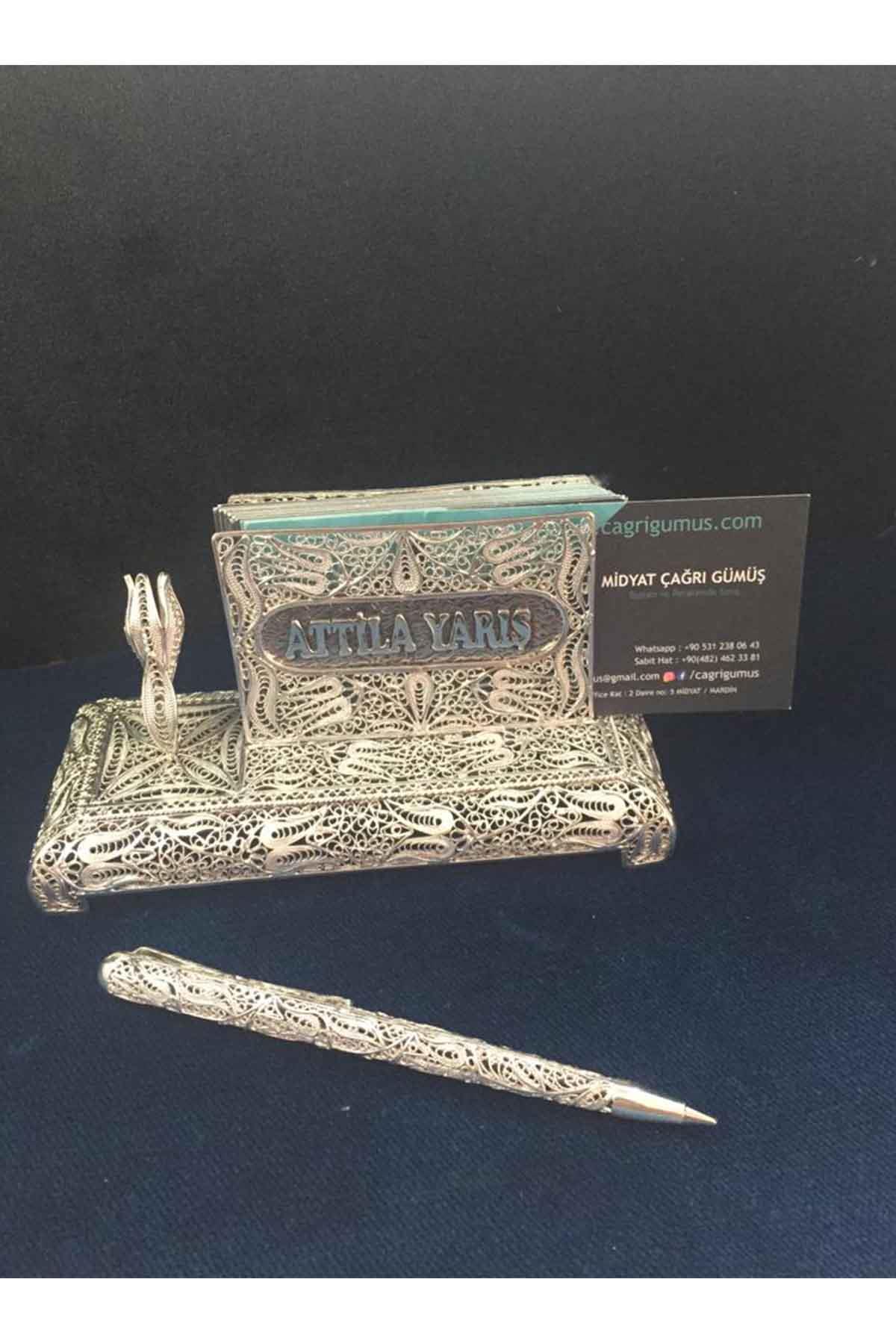Kartlık Kartvizitlik Makam Masaüstü İsimli Telkari Gümüş Hediyelik Kalemlik