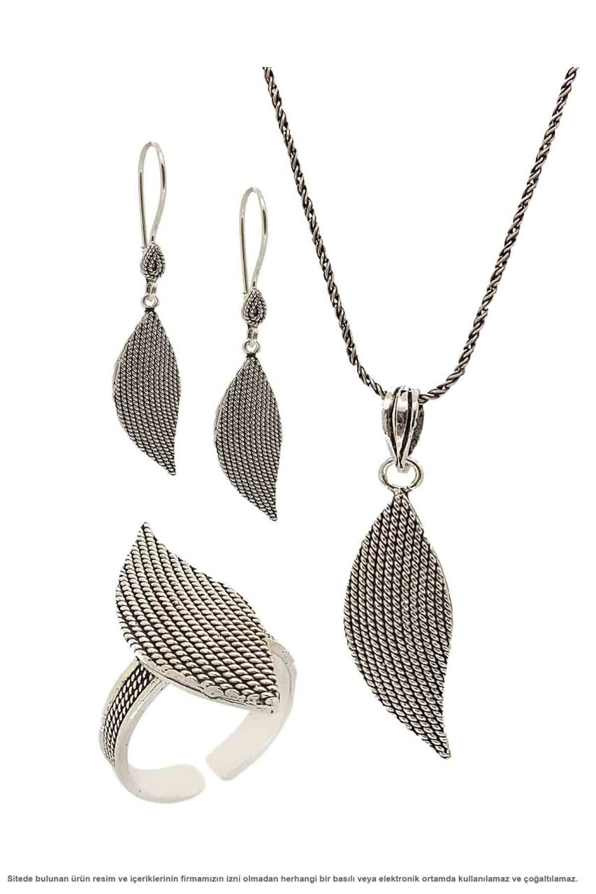 Yaprak Motifli El İşi Gümüş Telkari Üçlü Set Takı Midyat