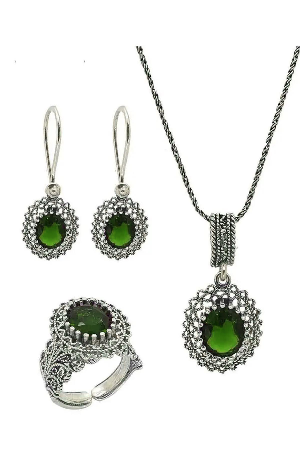 Yeşim Taşlı El İşi Gümüş Telkari Üçlü Set Takı Midyat