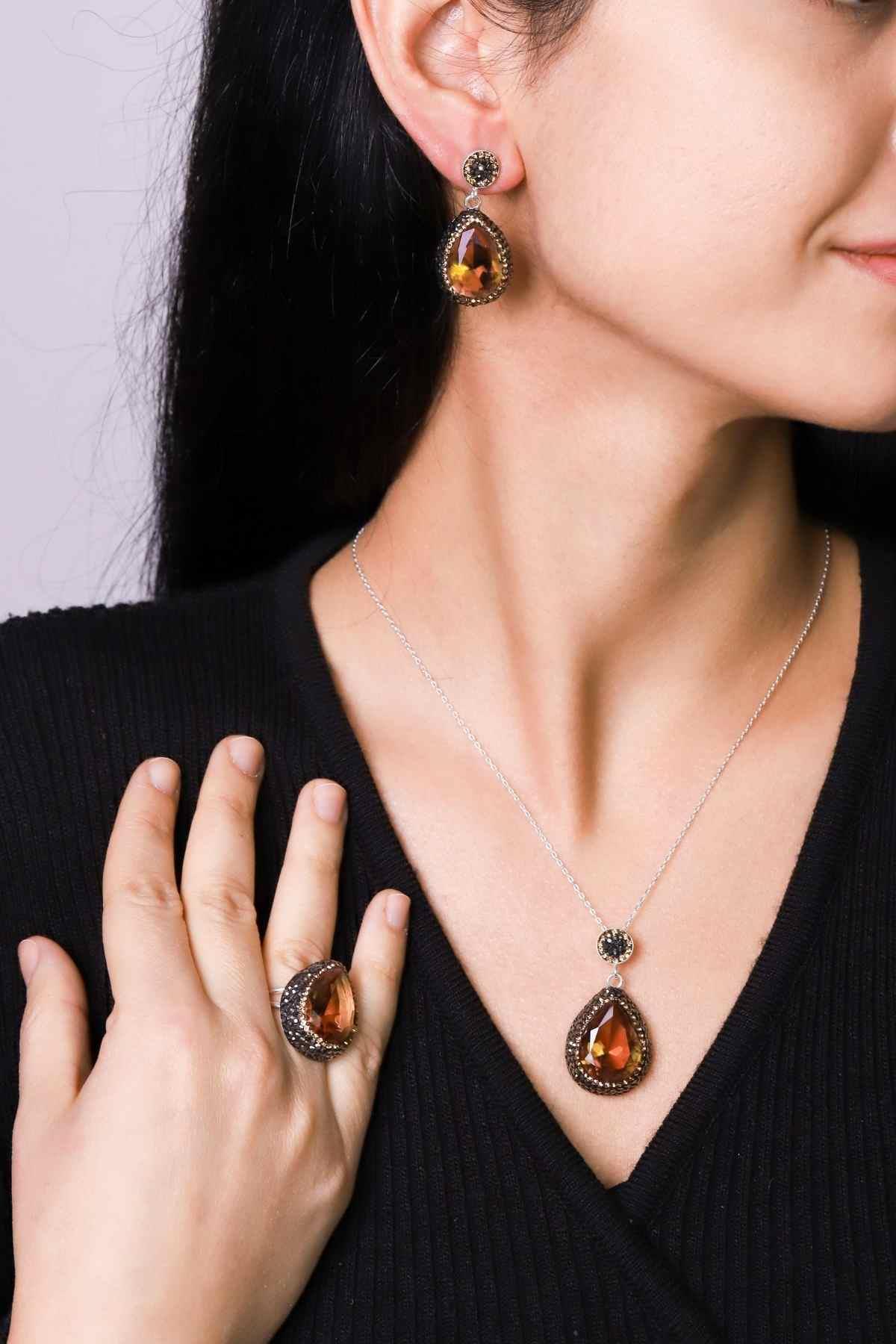 Akasya Serisi Damla Doğal Taşlı Zultanit Doğal Taşlı Kadın Üçlü Set Ayarlanabilir Ölçü