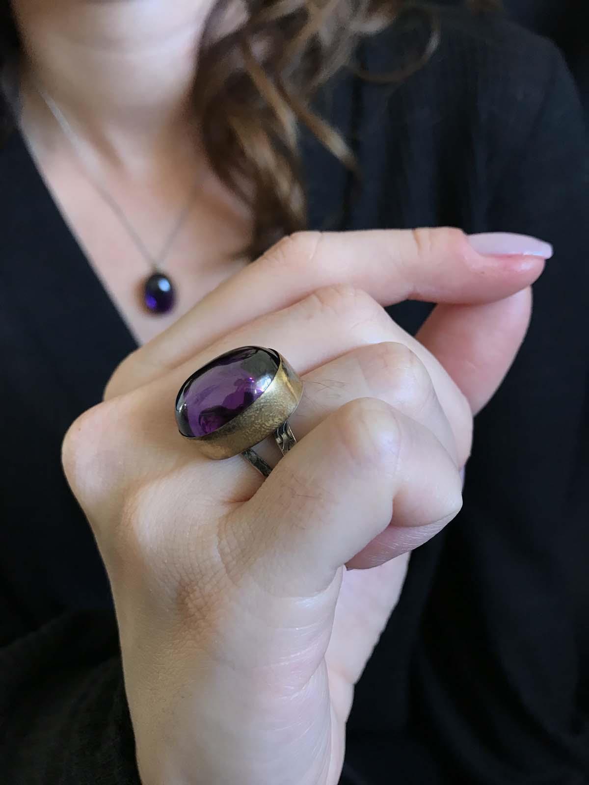 Asya Serisi Doğal Taşlı Mor Ametist Taşı Bayan Otantik Gümüş Yüzük 925 Ayar Ayarlanabilir Ölçülü