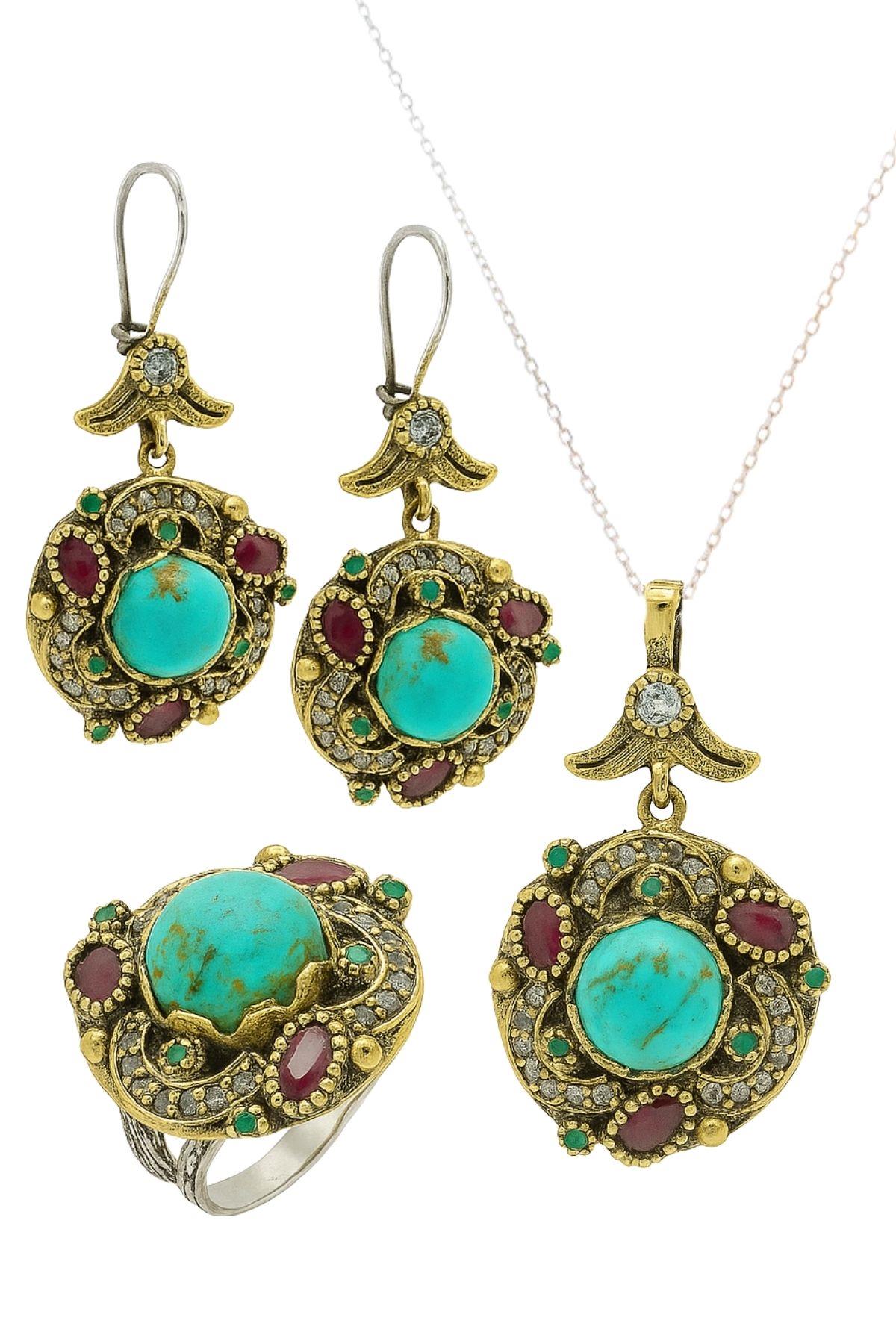 Behiye Serisi Gümüş Doğal Firuze Taşlı Set Takı