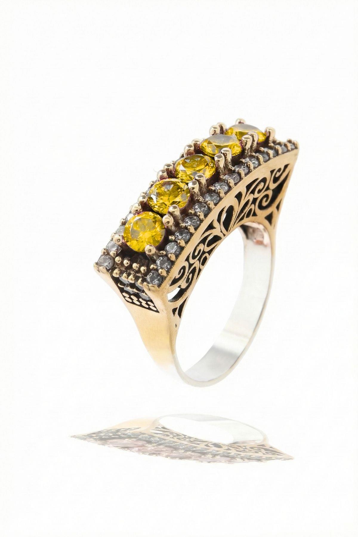 Beştaş Serisi Sarı Sitrin Otantik 925 Ayar Gümüş Kadın Yüzük