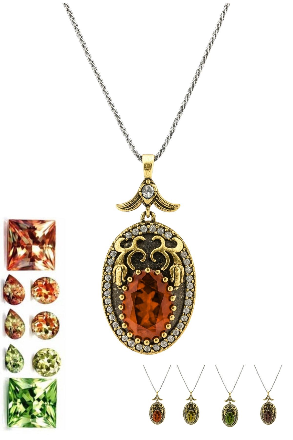 Lale Motifli Oval Renk Değiştiren Zultanit Taşlı Otantik Gümüş Kolye