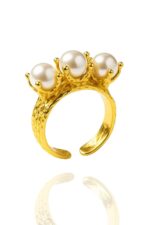 Vintage Tarzı Altın Kaplama Beyaz Üç İnci Taşlı Otantik Ayarlanabilir Kadın Yüzüğü