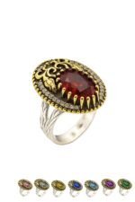 Lale Motifli Oval Zirkon Taşlı Renk Seçenekli Otantik Ayarlanabilir Gümüş Yüzük