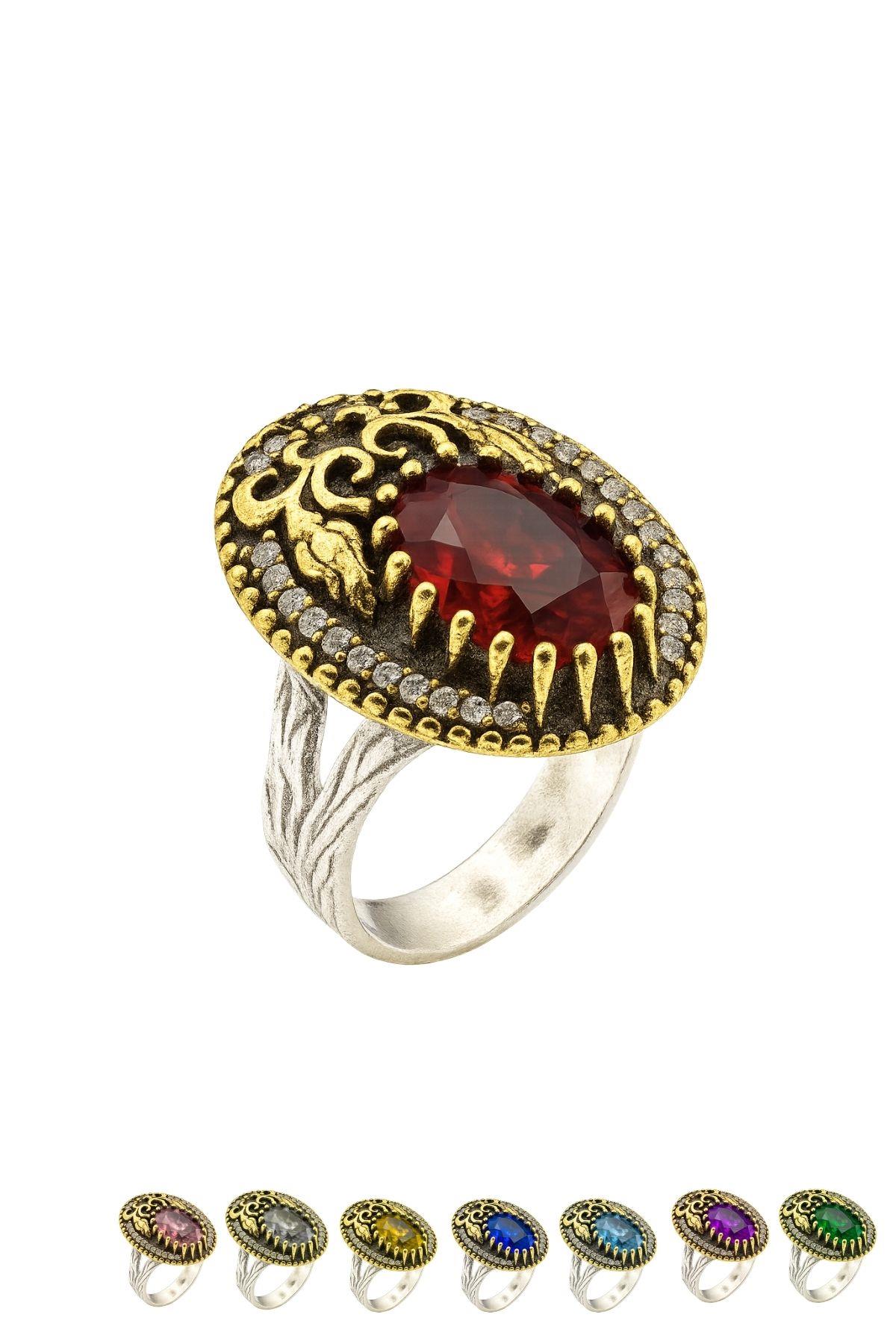 Lale Motifli Oval Zirkon Taşlı Renk Seçenekli Otantik Ayarlanabilir Gümüş Yüzük