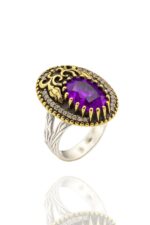 Lale Motifli Oval Zirkon Taşlı Renk Seçenekli Otantik Ayarlanabilir Gümüş Yüzük