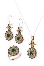 Verde Serisi Renkli Taşlı Gümüş Üçlü Set Otantik Takı Ayarlanabiilir Yüzüklü