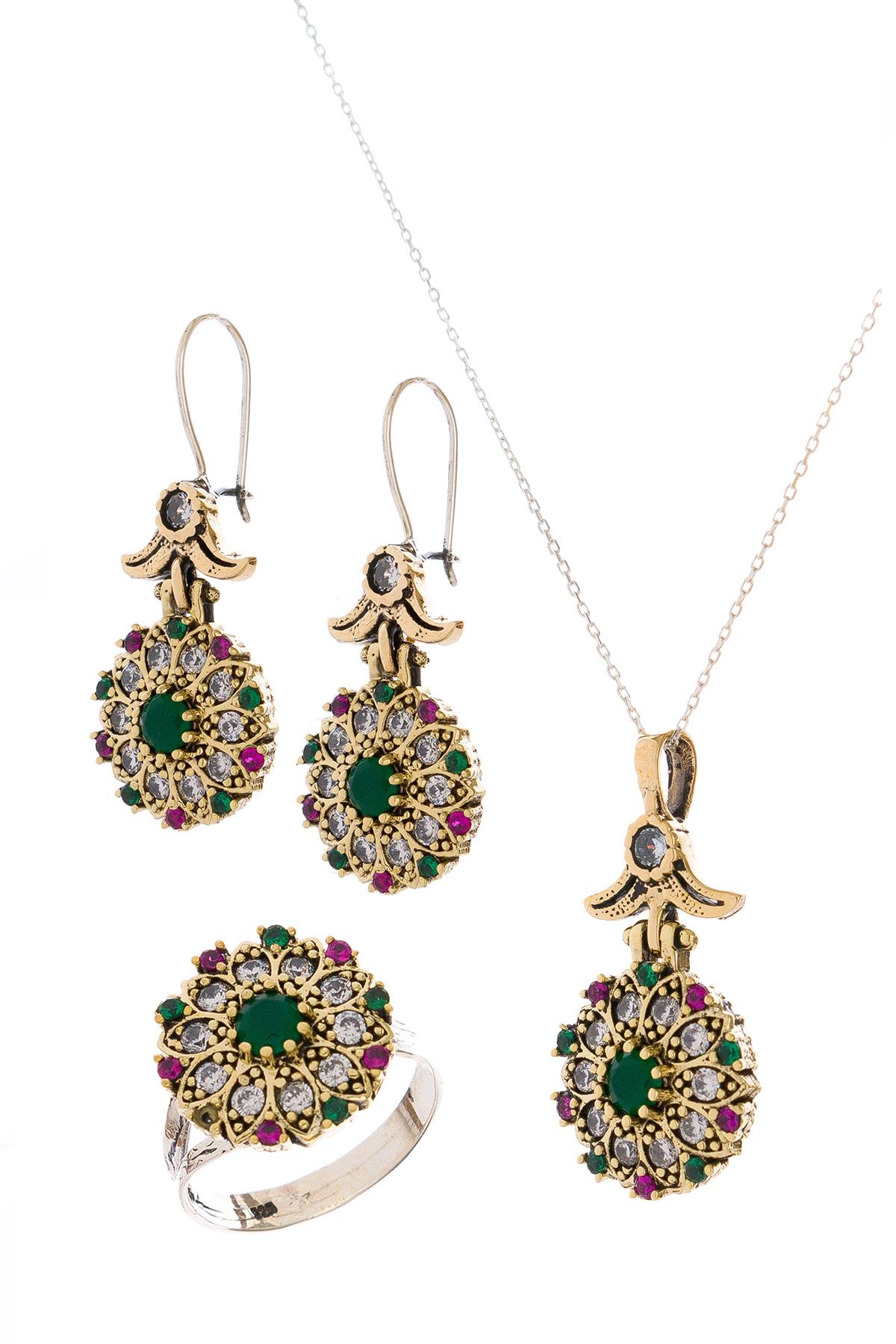 Verde Serisi Renkli Taşlı Gümüş Üçlü Set Otantik Takı Ayarlanabiilir Yüzüklü