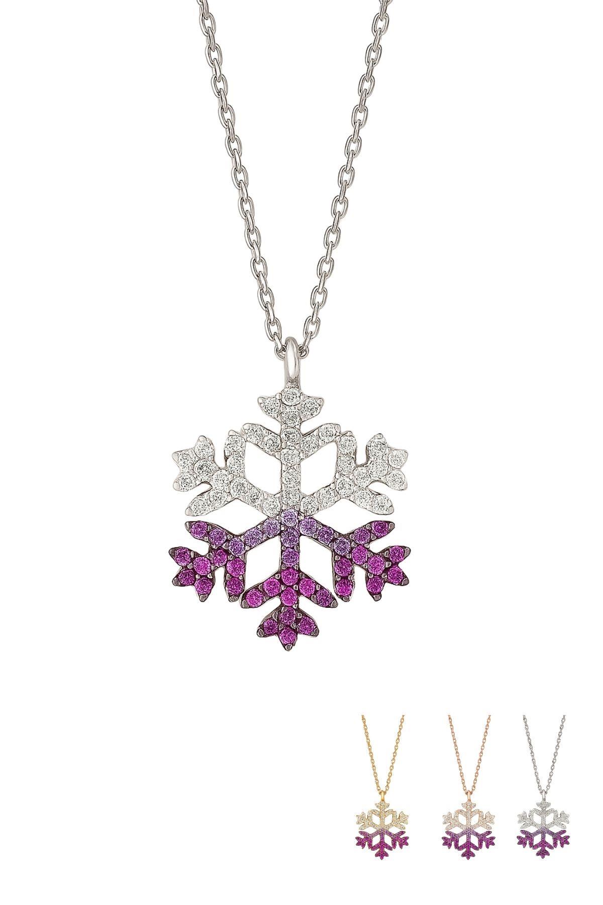 Kırmızı Beyaz Kar Tanesi Kolye Taşlı 925 Ayar Gümüş Zincirli Kolye