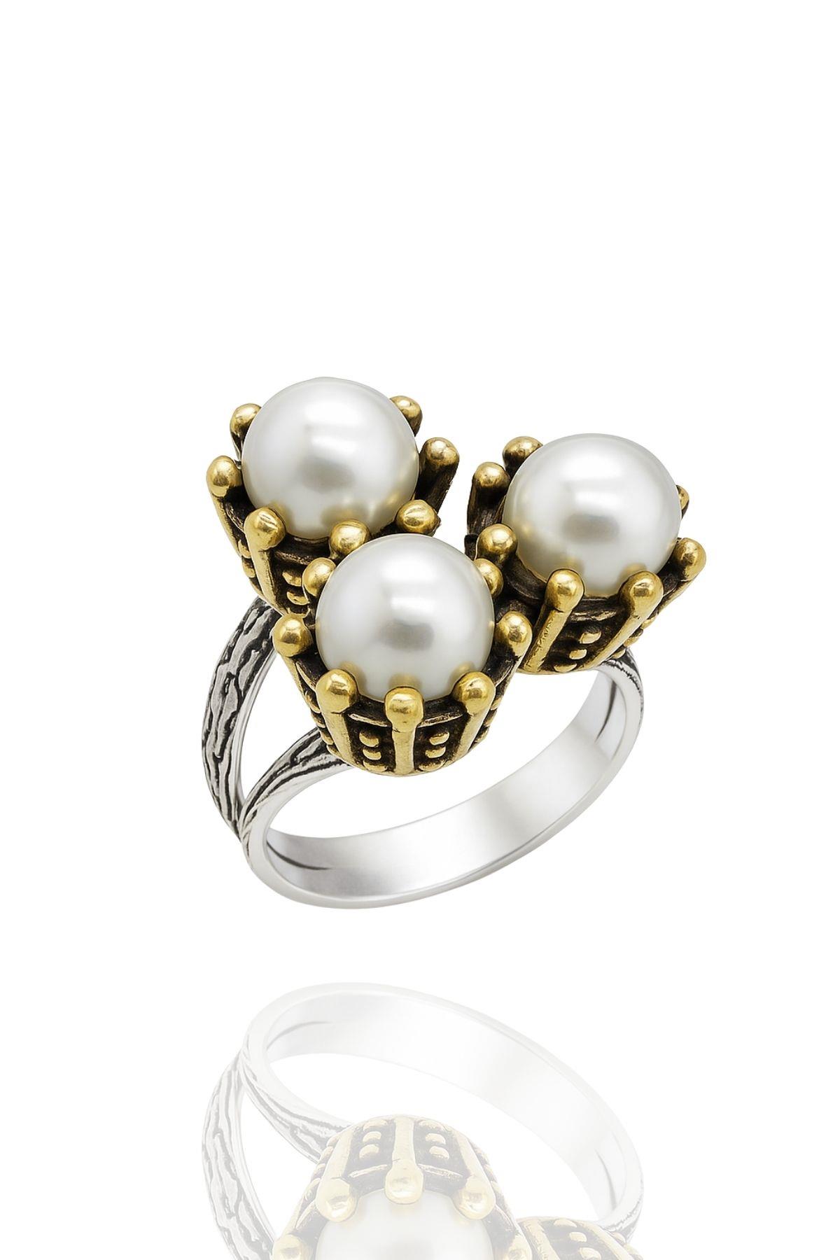 Söğütlü Serisi Gümüş Doğal İnci Taşlı Otantik Bayan Yüzük Ayarlanabilir Ölçülü