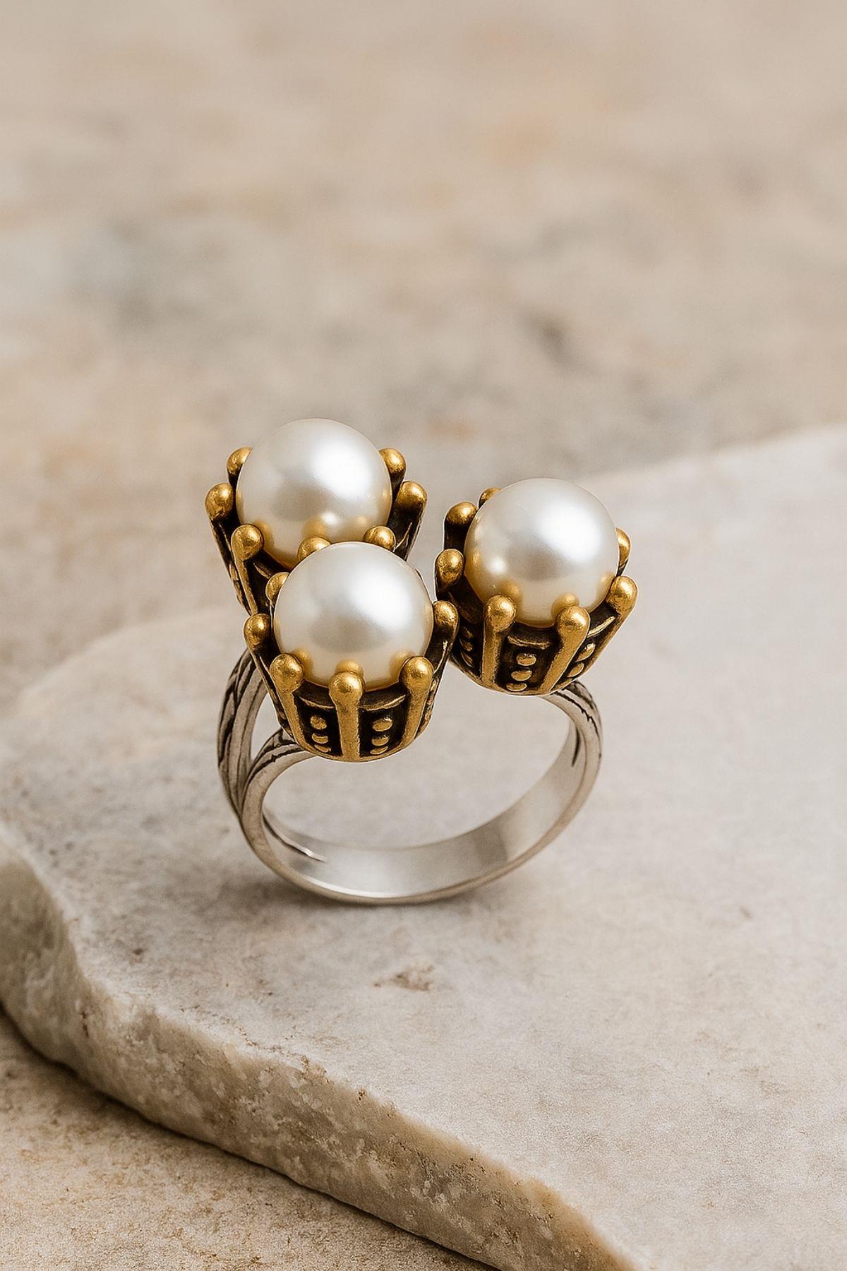 Söğütlü Serisi Gümüş Doğal İnci Taşlı Otantik Bayan Yüzük Ayarlanabilir Ölçülü