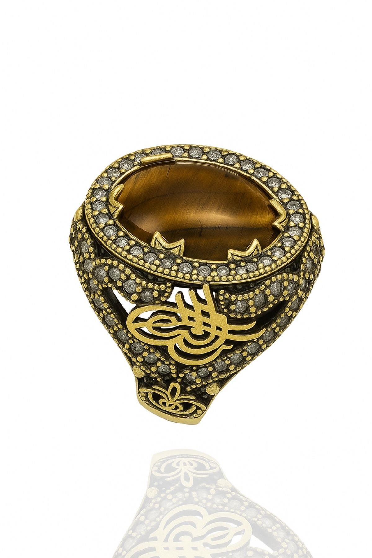 Sultani Serisi Kaplan Gözü Taşlı Otantik 925 Ayar Gümüş Kadın Yüzük