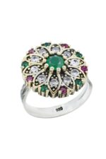 Verde Serisi Renkli Taşlı Gümüş Üçlü Set Otantik Takı Ayarlanabiilir Yüzüklü