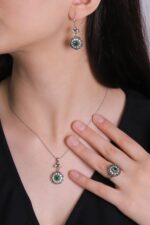 Verde Serisi Renkli Taşlı Gümüş Üçlü Set Otantik Takı Ayarlanabiilir Yüzüklü