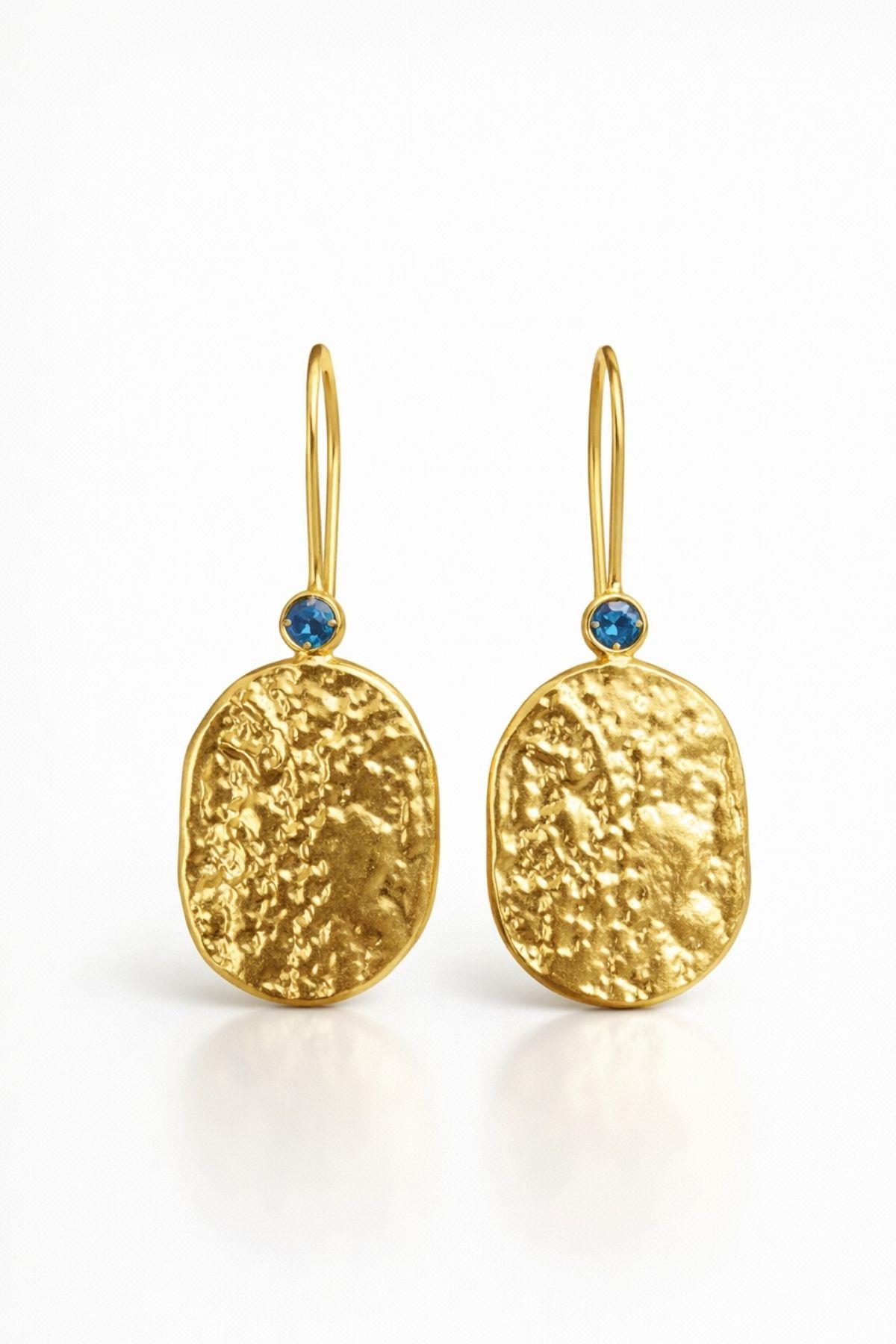 Altın Kaplama Mavi Akuamarin Zirkon Taşlı Dokulu Oval Sallantılı Kadın Küpe