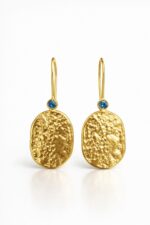 Altın Kaplama Mavi Akuamarin Zirkon Taşlı Dokulu Oval Sallantılı Kadın Küpe