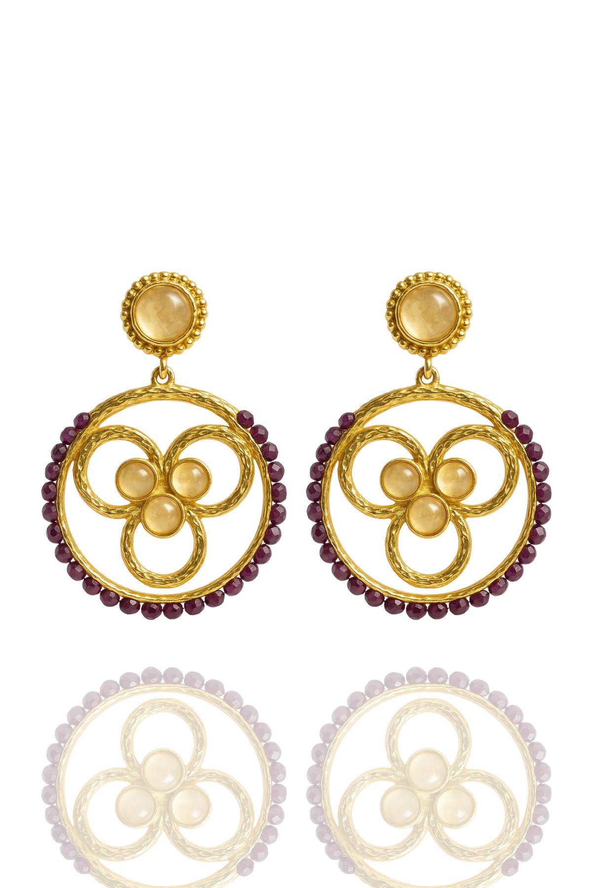 Yuvarlak Ametist Rutil Kuvars Taşlı Otantik Çivili Kadın Küpe