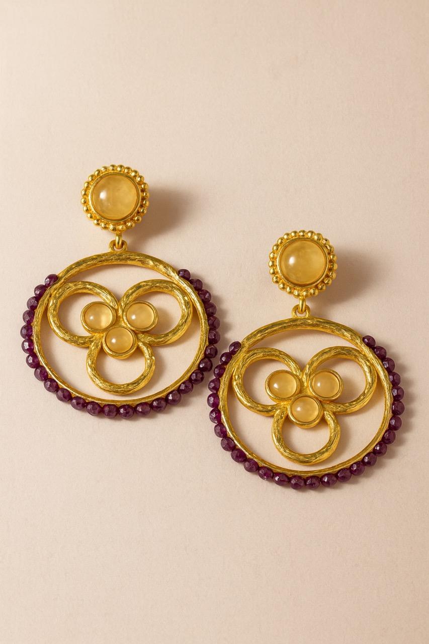 Yuvarlak Ametist Rutil Kuvars Taşlı Otantik Çivili Kadın Küpe