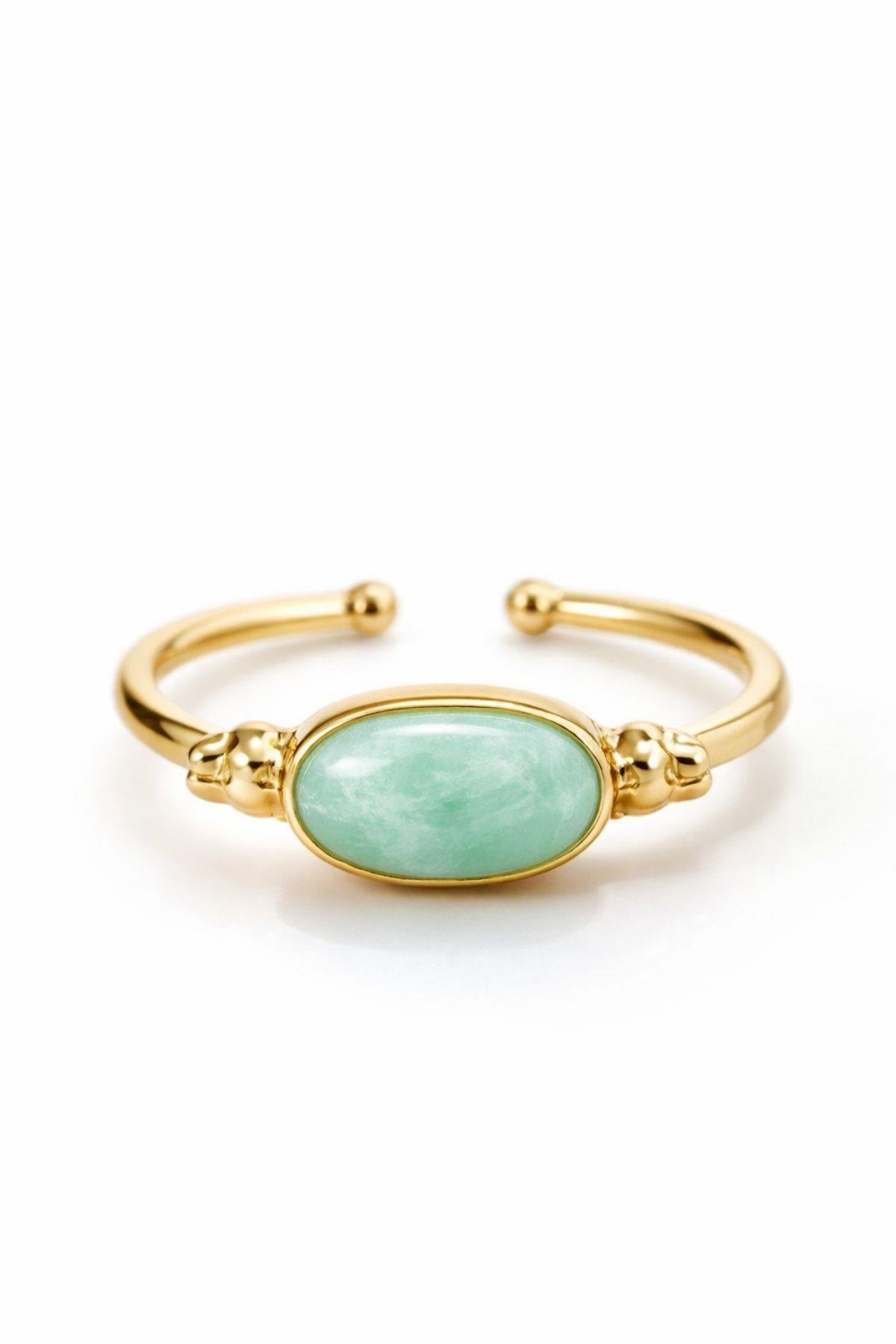 Doğal Amazonit Taşlı Açık Uçlu Altın Kaplama Ayarlanabilir Kadın Yüzük