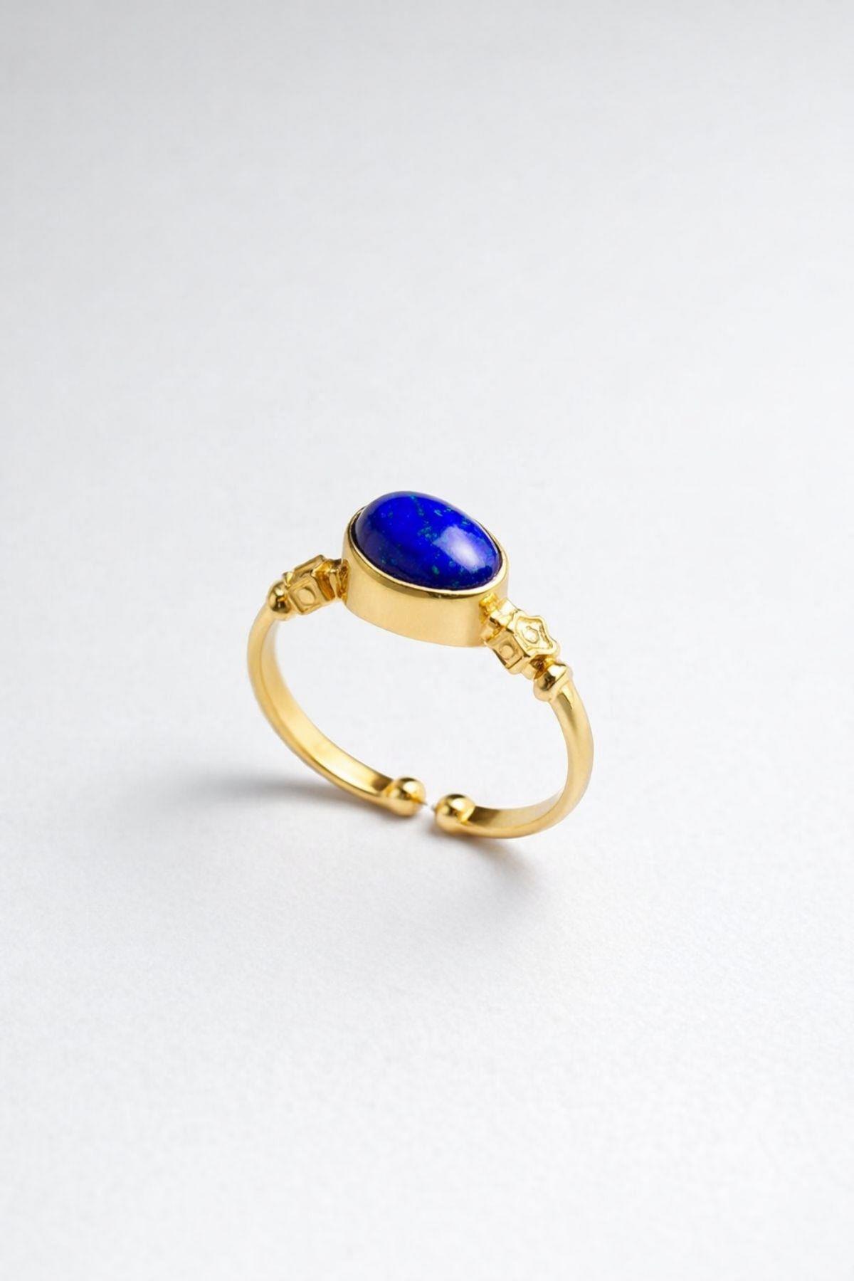 Doğal Lapis Lazuli Taşlı Açık Uçlu Altın Kaplama Ayarlanabilir Kadın Yüzük