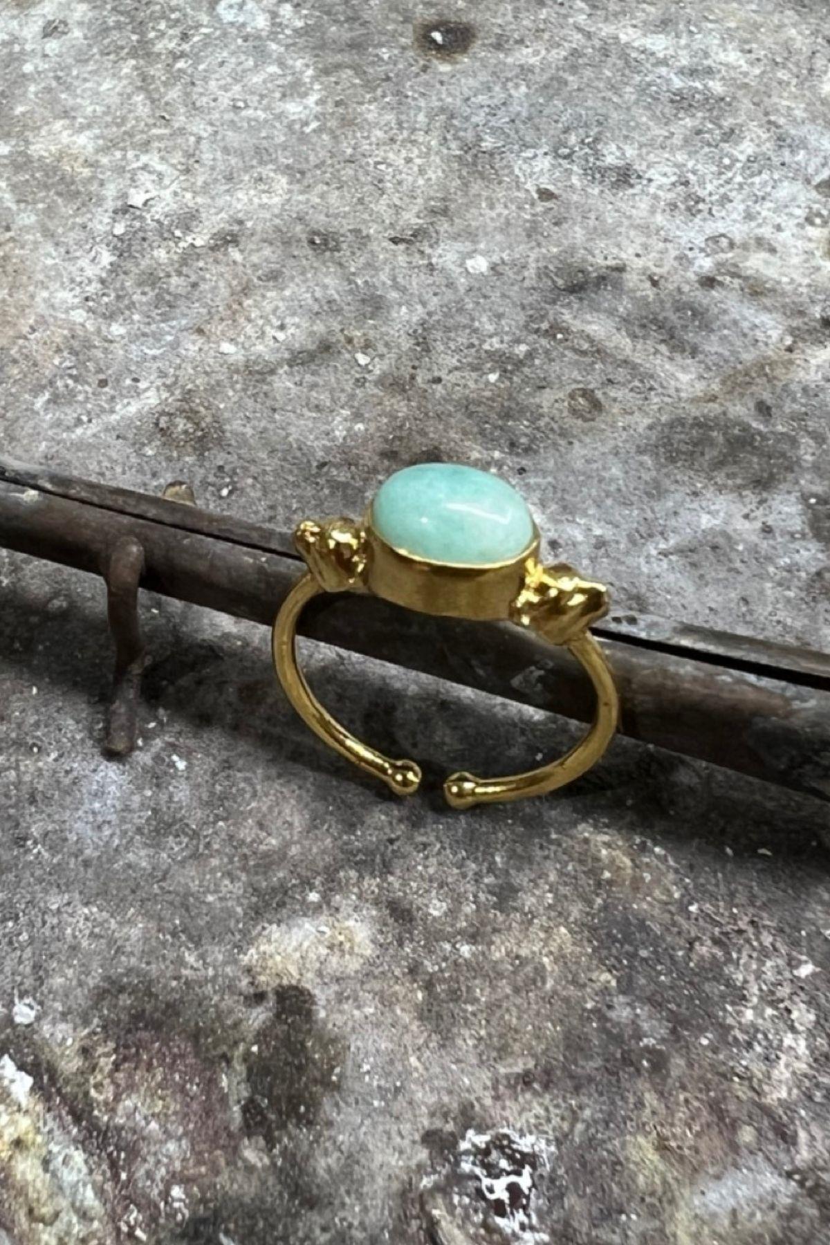 Doğal Amazonit Taşlı Açık Uçlu Altın Kaplama Ayarlanabilir Kadın Yüzük