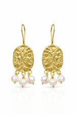 El İşçiliği Dokulu Altın Kaplama Üçlü Barok İnci Sallantılı Kadın Küpe