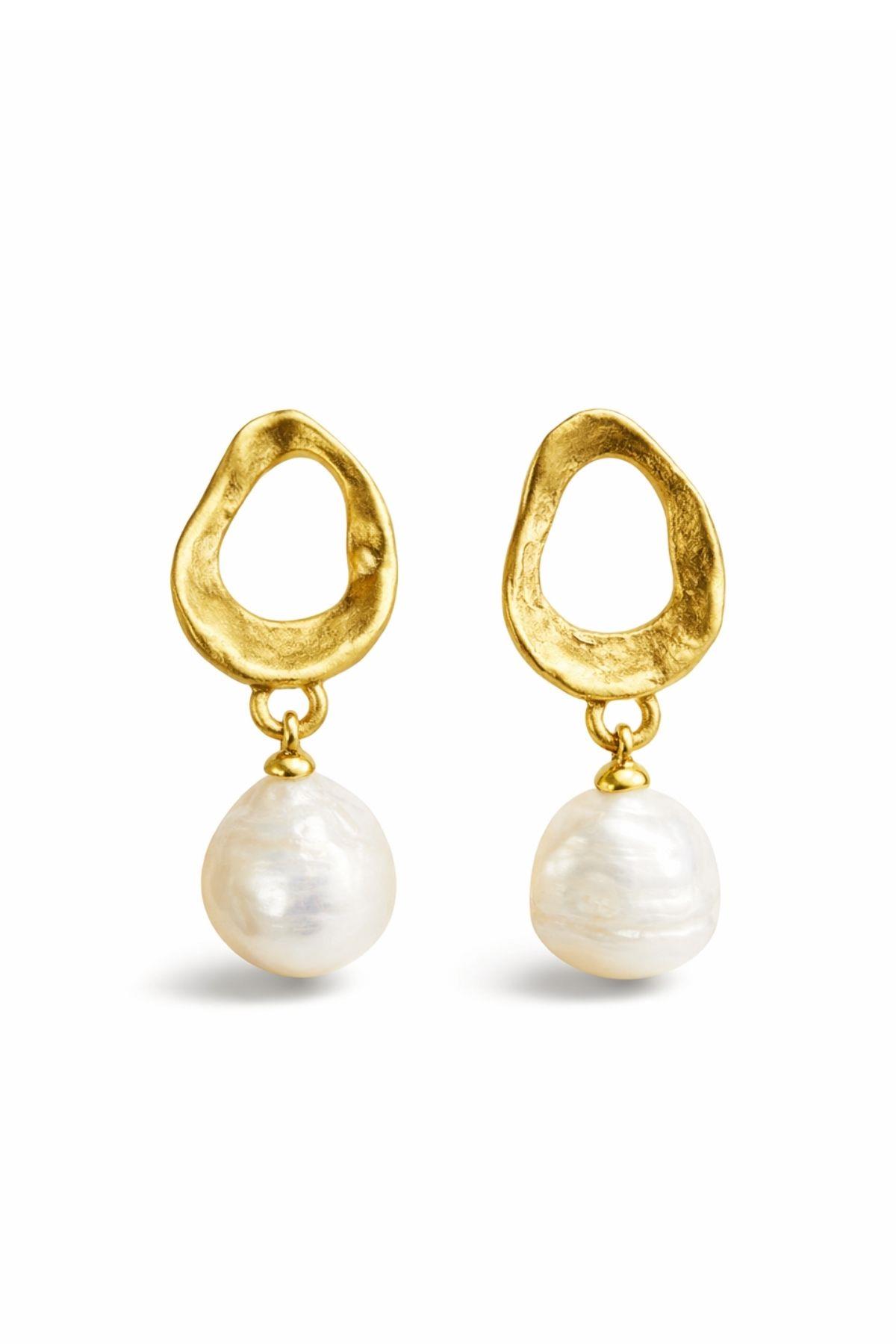 Halkalı Altın Kaplama Barok İnci Sallantılı Kadın Küpe