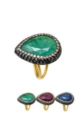 Akasya Serisi Kök Yakut Zümrüt Safir Doğal Taşlı El İşi Kadın Yüzük Ayarlanabilir Ölçülü