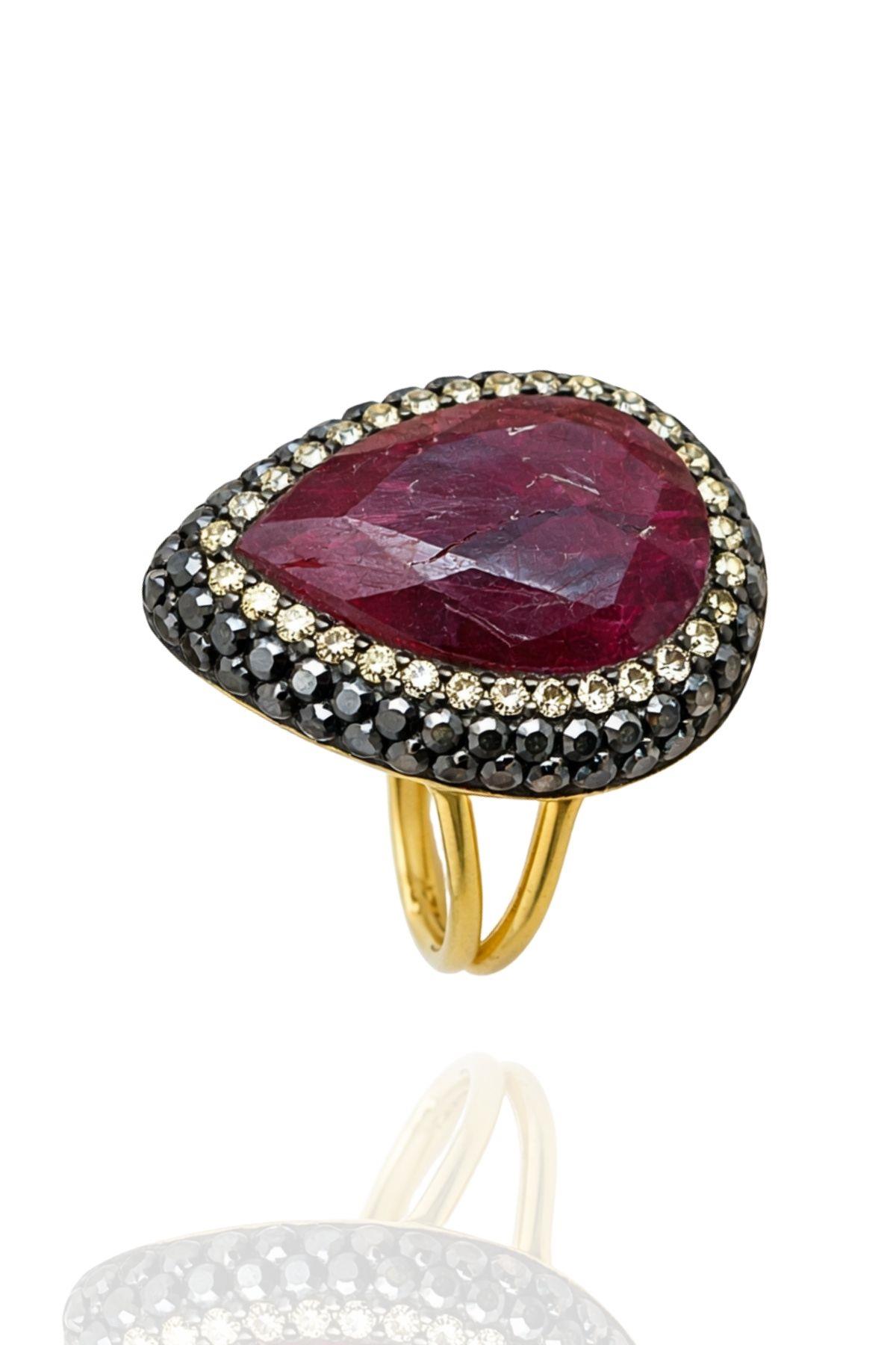 Akasya Serisi Kök Yakut Zümrüt Safir Doğal Taşlı El İşi Kadın Yüzük Ayarlanabilir Ölçülü