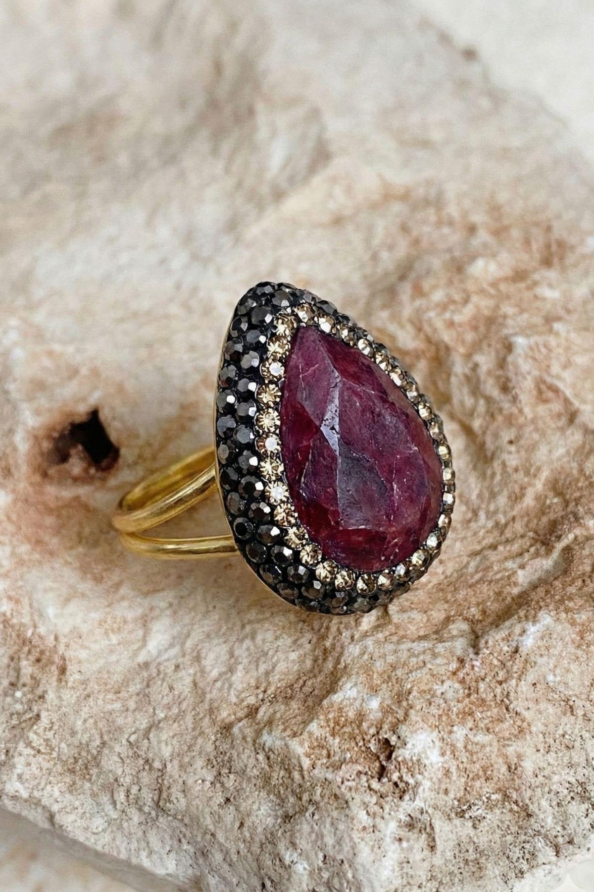 Akasya Serisi Kök Yakut Zümrüt Safir Doğal Taşlı El İşi Kadın Yüzük Ayarlanabilir Ölçülü